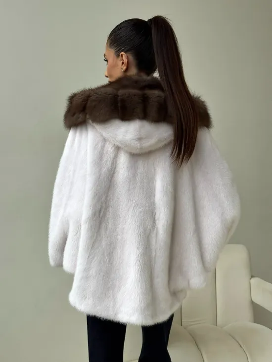 Белый норковый полушубок с куницей -  летучая мышь