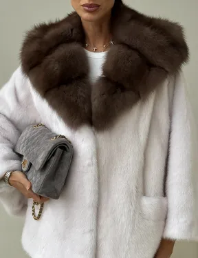 Белый норковый полушубок с куницей -  летучая мышь