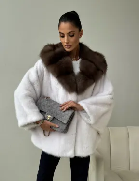 Белый норковый полушубок с куницей -  летучая мышь