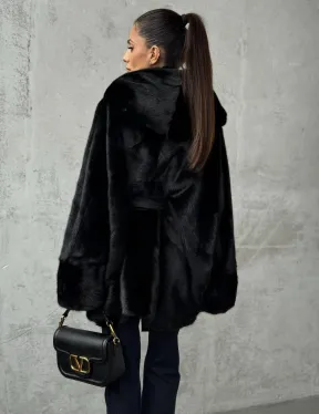 Полушубок черный норковый с капюшоном