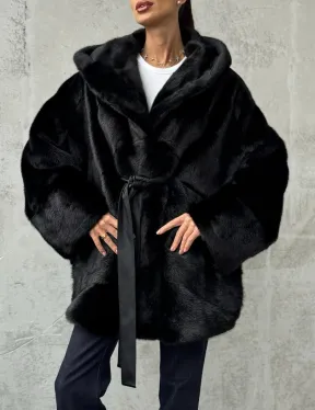 Полушубок черный норковый с капюшоном
