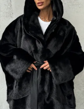 Полушубок черный норковый с капюшоном