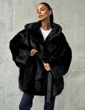 Полушубок черный норковый с капюшоном