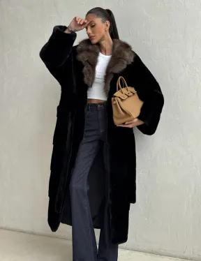 Черная норковая шуба - воротник куница