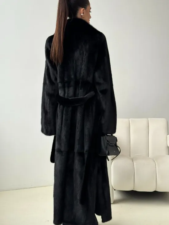 Черная норковая шуба с поясом