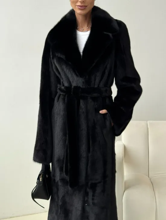 Черная норковая шуба с поясом