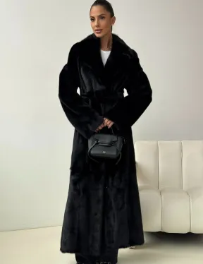 Черная норковая шуба с поясом