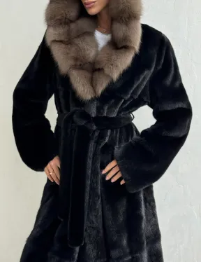 Черная норковая шуба с поясом - капюшон куница
