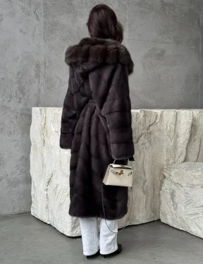 Шуба норковая графит с капюшоном куницы
