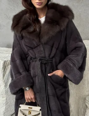 Шуба норковая графит с капюшоном куницы