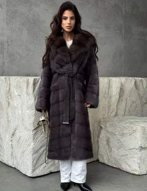 Шуба норковая графит с капюшоном куницы