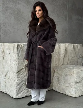 Шуба норковая графит с капюшоном куницы