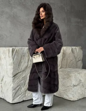 Шуба норковая графит с капюшоном куницы