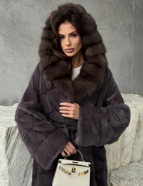 Шуба норковая графит с капюшоном куницы