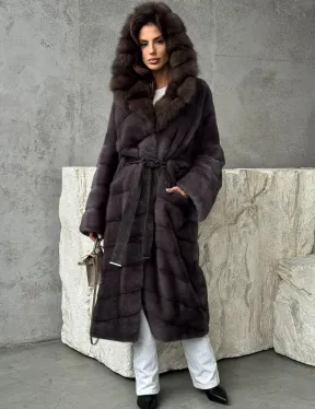 Шуба норковая графит с капюшоном куницы