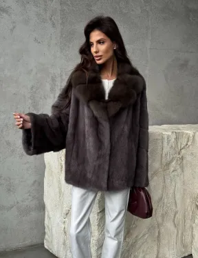 Норковый полушубок с воротником куница