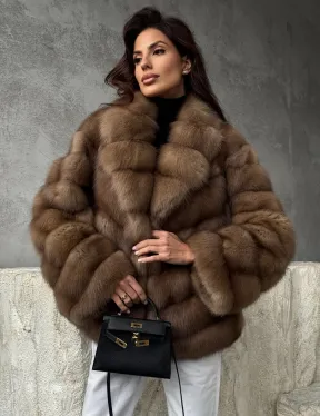 Полушубок из куницы в натуральном бежевом цвете