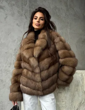 Полушубок из куницы в натуральном бежевом цвете