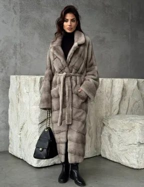 Удлинённая норковая шуба с поясом