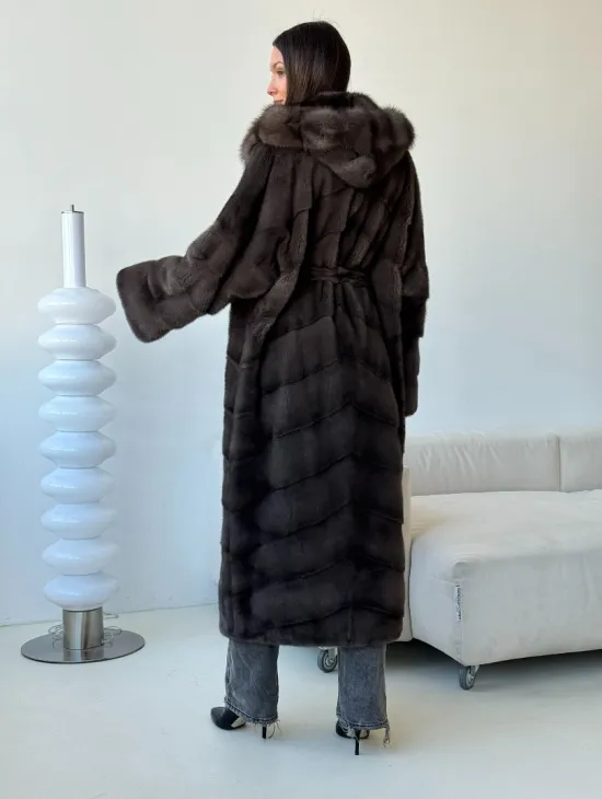 Длинная норковая шуба с капюшоном - графит