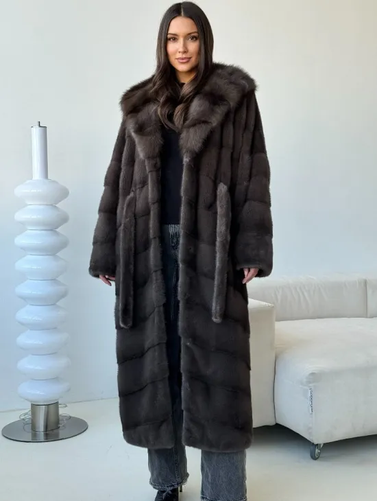 Длинная норковая шуба с капюшоном - графит