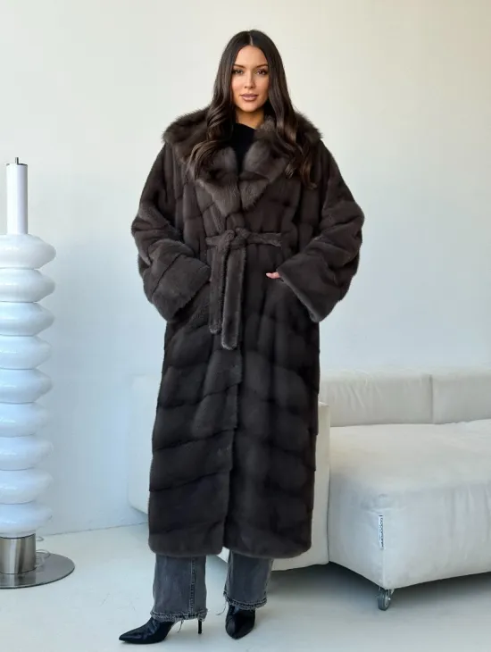 Длинная норковая шуба с капюшоном - графит