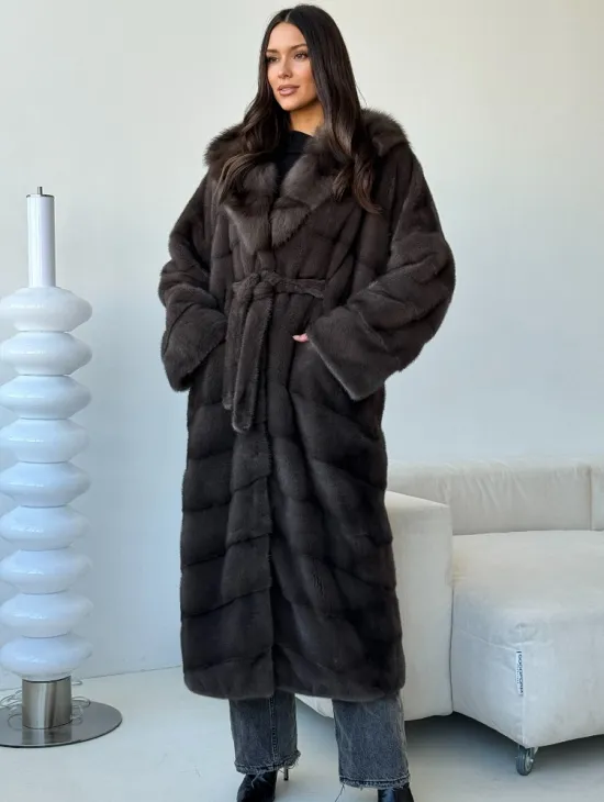 Длинная норковая шуба с капюшоном - графит