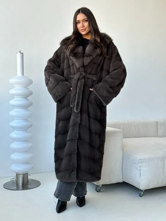 Длинная норковая шуба с капюшоном - графит