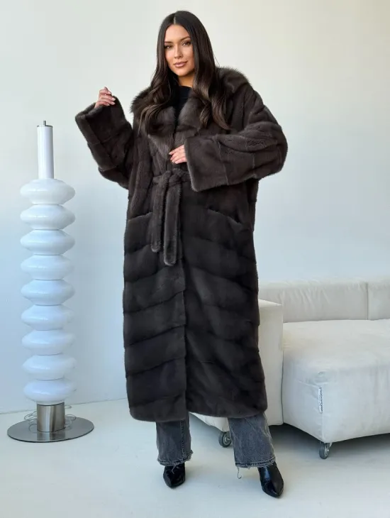 Длинная норковая шуба с капюшоном - графит