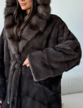 Длинная норковая шуба с капюшоном - графит