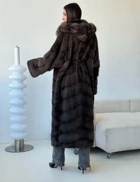 Длинная норковая шуба с капюшоном - графит