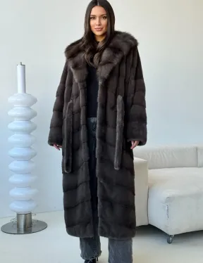 Длинная норковая шуба с капюшоном - графит