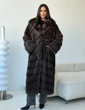 Длинная норковая шуба с капюшоном - графит