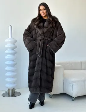Длинная норковая шуба с капюшоном - графит