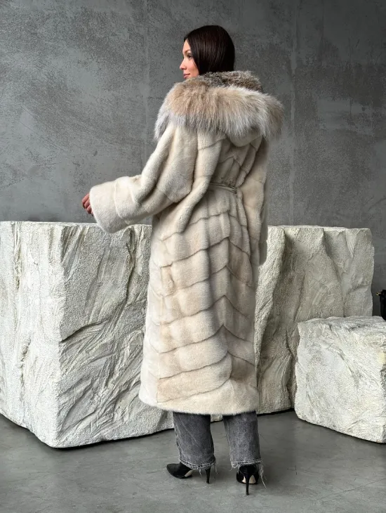 Норка шуба паркет с капюшоном рысь