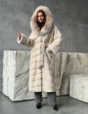 Норка шуба паркет с капюшоном рысь