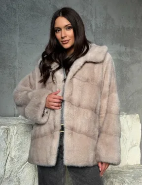 Норковый полушубок с капюшоном в цвете пудра