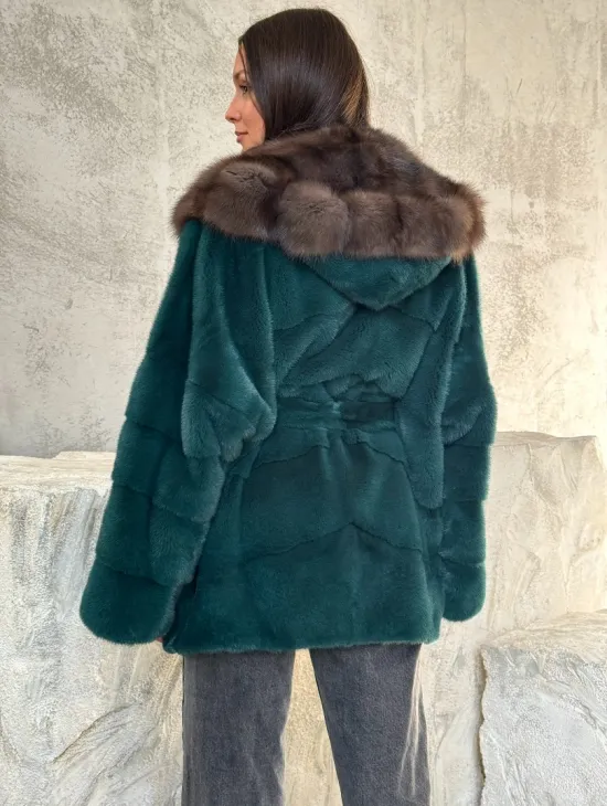 Шуба норка кимоно - капюшон куница