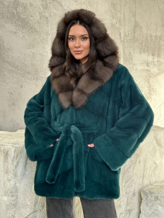 Шуба норка кимоно - капюшон куница