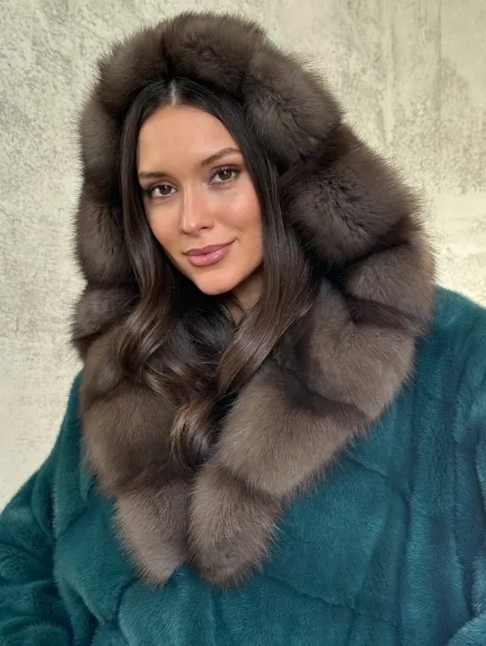 Шуба норка кимоно - капюшон куница