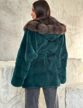 Шуба норка кимоно - капюшон куница