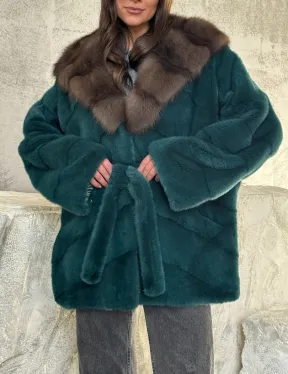 Шуба норка кимоно - капюшон куница