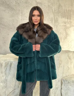 Шуба норка кимоно - капюшон куница