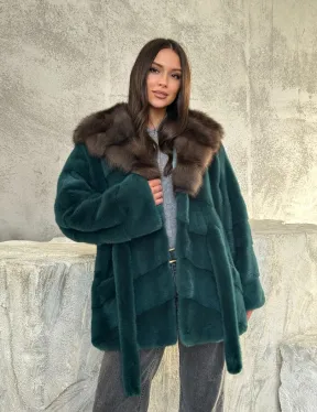 Шуба норка кимоно - капюшон куница