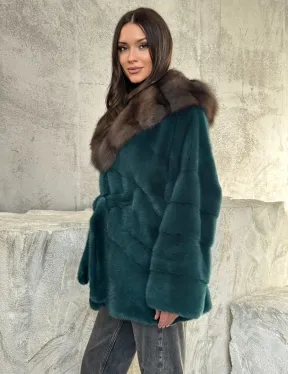 Шуба норка кимоно - капюшон куница