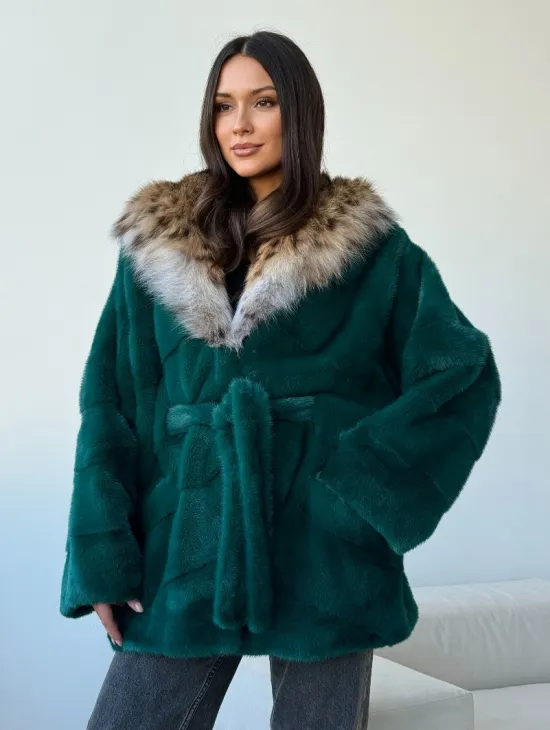 Норковая шуба с капюшоном из рыси