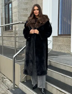 Черная норковая шуба с капюшоном куница