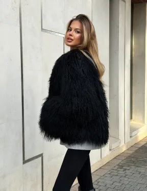 Полушубок черный из ламы