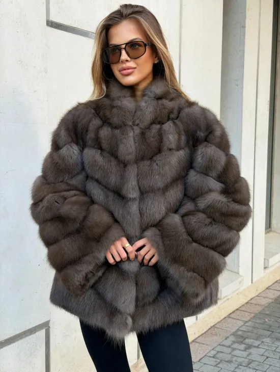 Шуба из куницы в цвете соболь - рукава косичкой