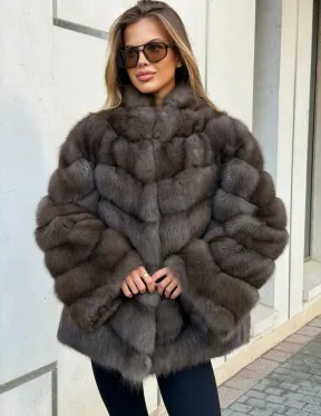 Шуба из куницы в цвете соболь - рукава косичкой